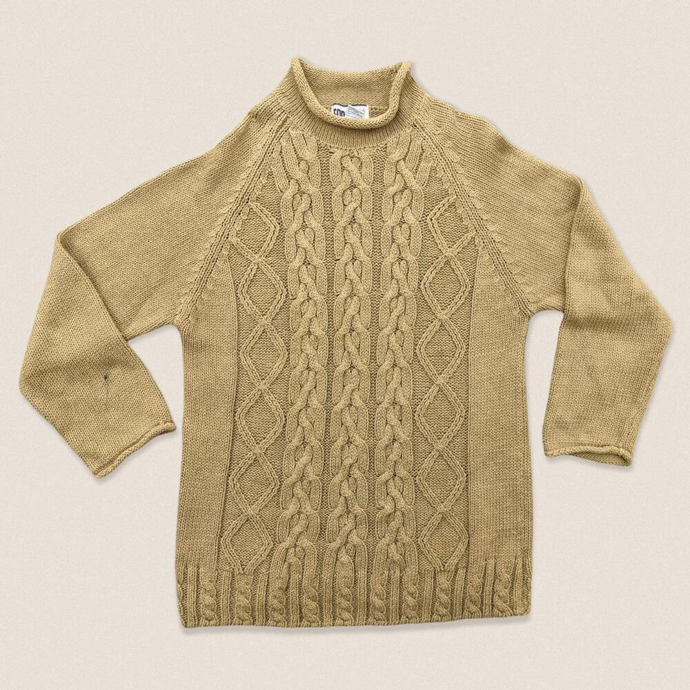Vintage 80s Grandma Tan Mock Neck Sweater 3/4 sleeve forenza - Size Medium